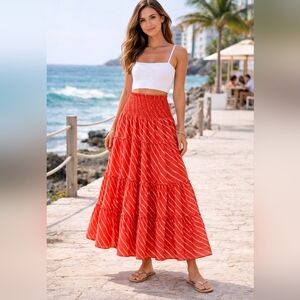 Lauren Ralph Lauren Smocked Tiered Maxi Skirt Coral Red White Striped Size S